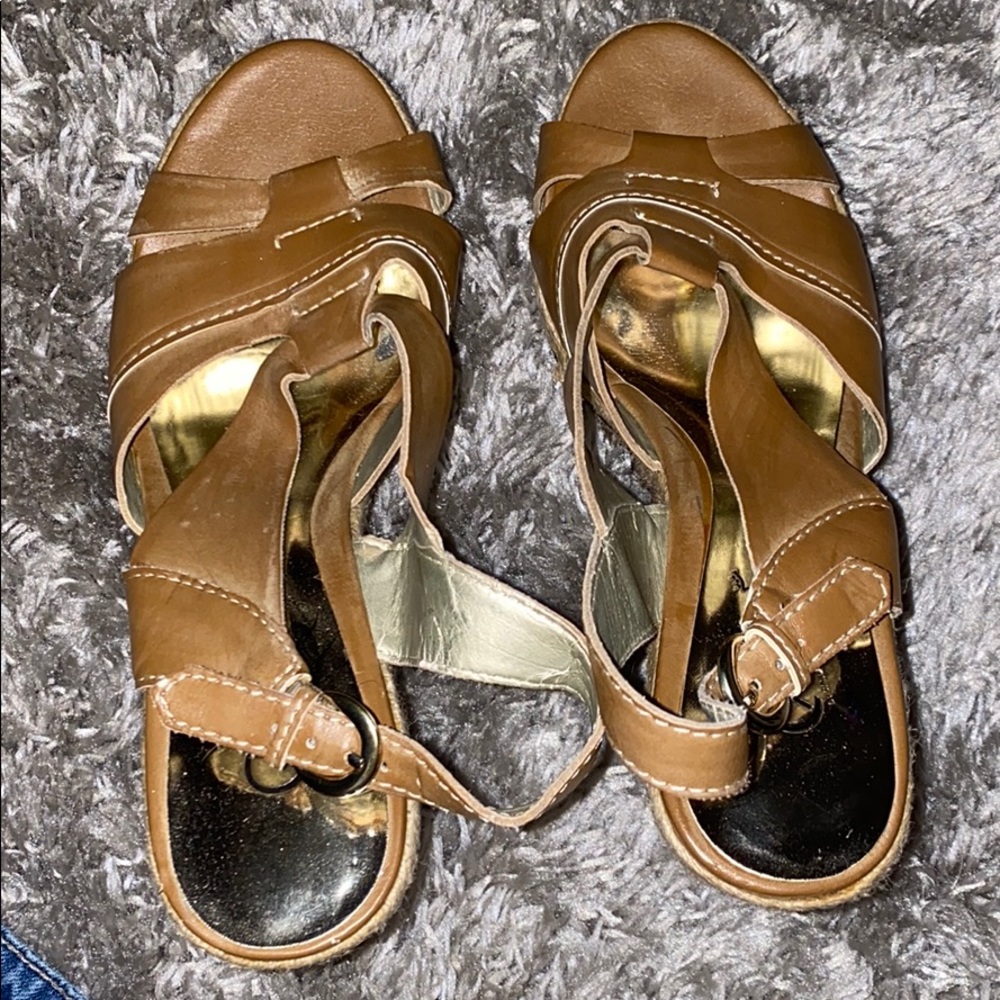 Tan wedges with beading detail